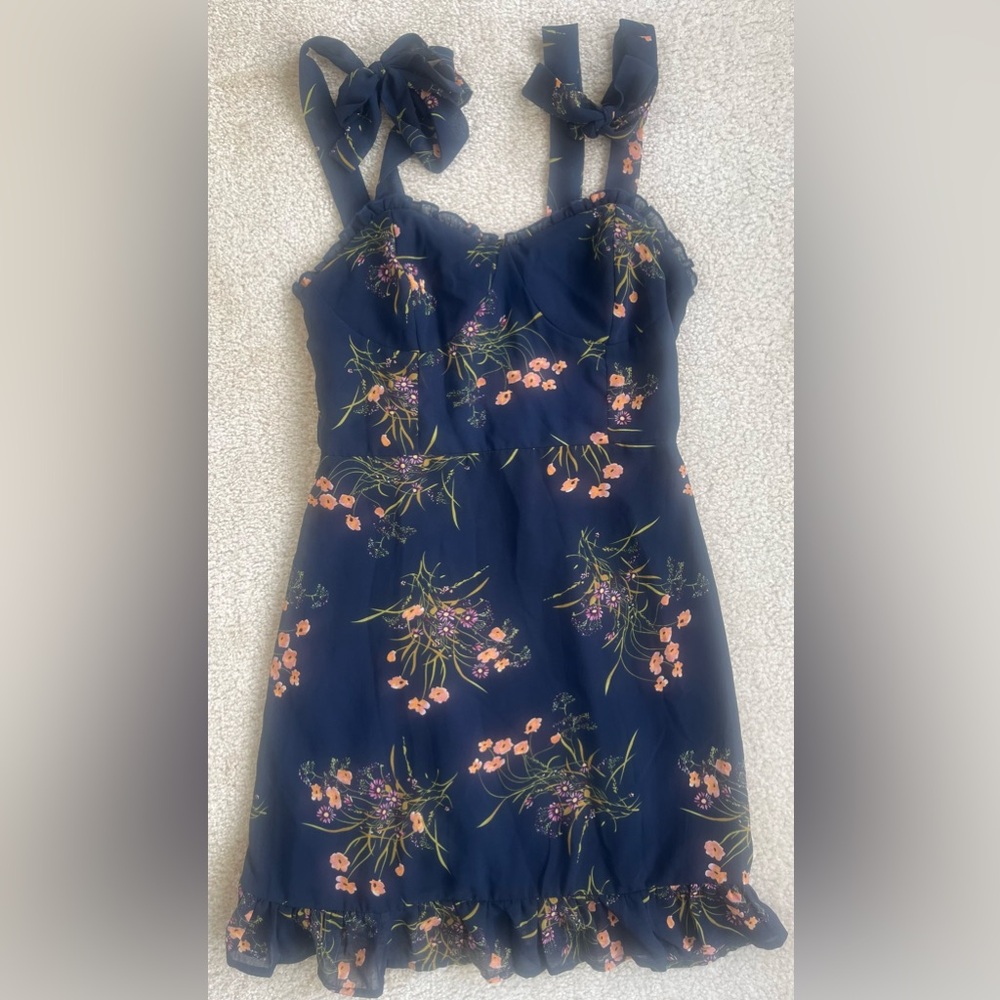 Commense Floral Tie Strap Mini Ruffle Dress in Navy Blue Women's Large